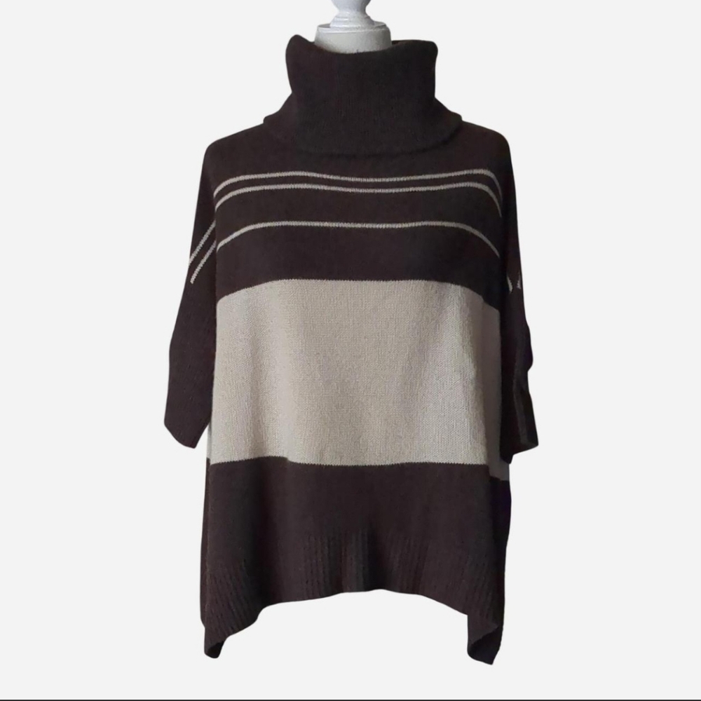 360 Cashmere Cozy Striped Oversized Turtleneck Sweater Brown/Cream Size Small